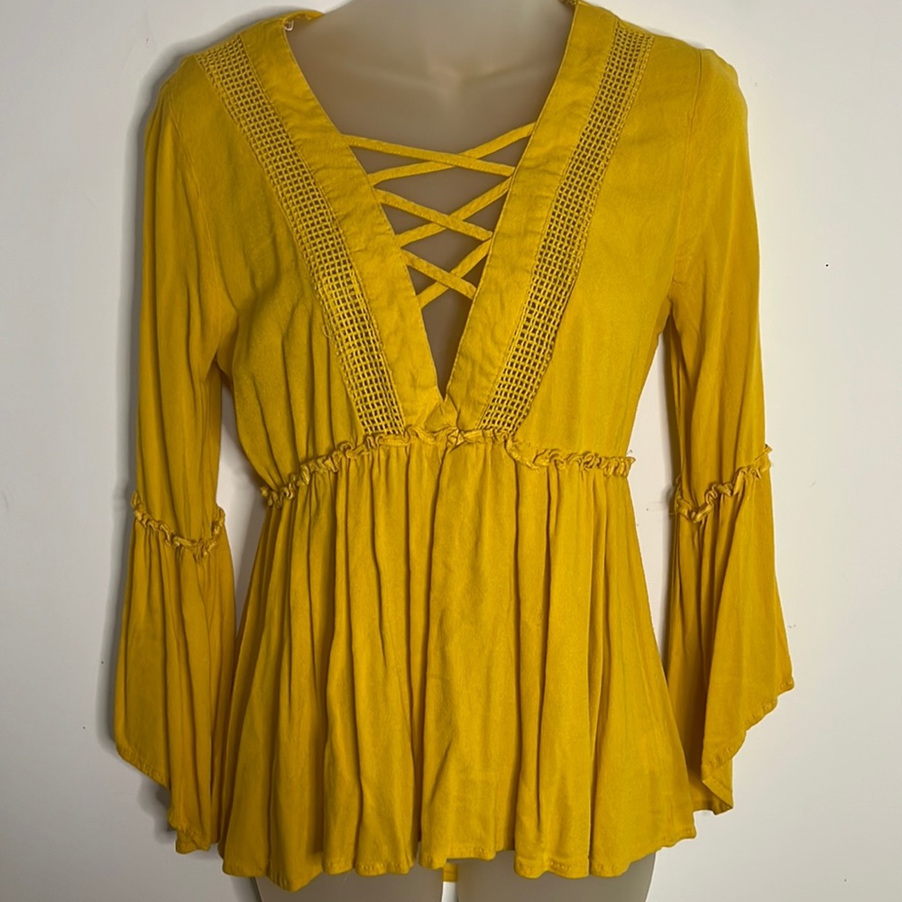 Self Esteem Yellow Crochet Trim Lace-Up Bell Sleeve Babydoll Blouse Peasant Top